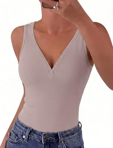 Gyabnw Top de Canalé Mujer Sin Mangas Cuello V con Botones | Punto suave y elástico, corte slim fit, diseño básico elegante, para verano oficina y ocio