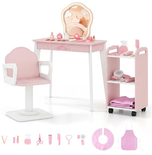 COSTWAY Kids Vanity Set, Girls Dressing Table with Lighted Mirror, Swivel Barber Chair, Rolling Cart, 10 Accessories, Wooden Toddler Makeup Table and Chair Hair Salon Play Set for Playroom Kids Room