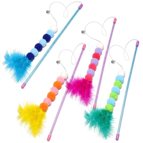 4 Pcs Cat Wand Toys with Feathers & Bells, Soft Hair Teaser, Colorful Interactive Kitten Teasers with Plush Balls & Feather Chasers for Indoor Play, Exercise & Training (Green, Blue, Red, Yellow)