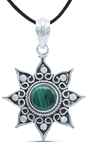 mantraroma Kettenanhänger 925 Silber Malachit grüner gestreifter Stein Edelstein Kettenanhänger Damen Sterling Silber Halskette Anhänger Geschenk (MAH-061-10)