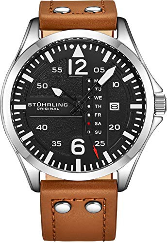 Stührling, Reloj original Aviator para hombre con esfera analógica negra y esfera de milésimas, correa de cuero con costuras casuales, colección de relojes para hombre 3934, Marrón Y Plata, Correa