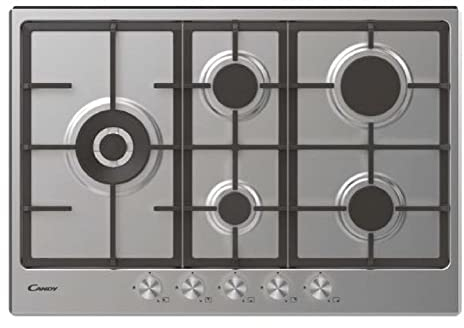 Candy CHG7WLWPX Piano Cottura a Gas in Acciaio Inossidabile da 75 cm, 5 Fuochi, a Incasso, Griglie in Ghisa, Valvola di Sicurezza, GPL e Metano,74.5x51x3.5 cm, Inox