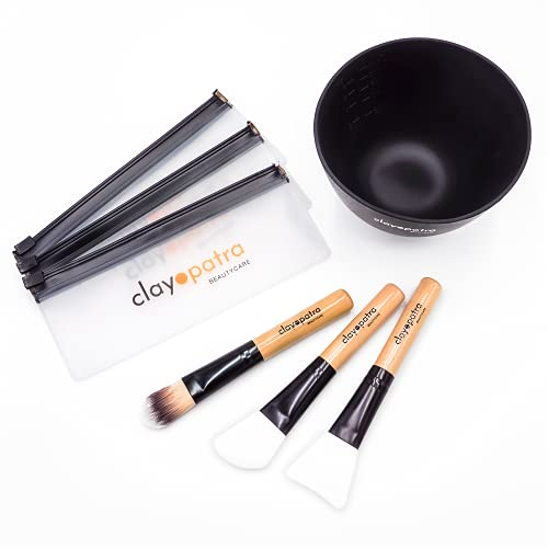 Clayopatra Beautycare Maskenpinsel Silikon Gesichtspinsel, veganes Kosmetik Pinsel Set für Beauty Masken,Maskenpinsel fürs Gesicht + gratis Pinseltasche (3 Maskenpinsel + Masken Schälchen)