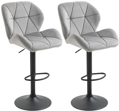 HOMCOM Bar Stools Luxurious Velvet-Touch Swivel Set Of 2 Light Grey