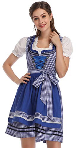 KOJOOIN Women Traditional Dirndl Oktoberfest Costume 3 Pieces Fancy Midi Skirt - Dress, Blouse, Apron Checkered Blue UK XXL