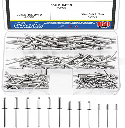 Glarks Juego de 160 remaches ciegos M3.2/M4/M4.8 de acero inoxidable 304 para unir placas de metal, automoción, instrumentos, muebles