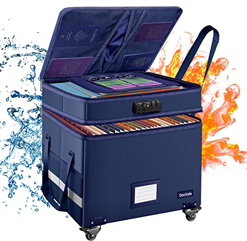 DocSafe File Box with Lock, 2-Layer Fireproof Document Box with Wheels,Collapsible File Storage Organizer with Pockets,Large Portable Office Filing Cabinet Hanging Folders,Blue,16''x13.8''x12.2''