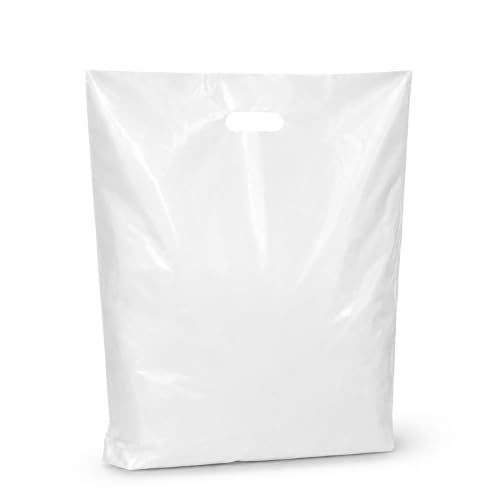 Bag Market | 100 x Medium White Patch Handle Plastic Carrier Bags - 15 x 18 x 3 | Shopping, Fashion, Gift, Retail, Boutique