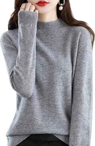 CUSON Kashmirtröjor för kvinnor, 100 % kashmir långärmad rund hals mjuk varm pullover stickade tröjor (grå, X-Large), Grå