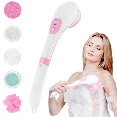 Elektrische Körperbürste, Gesichtsreinigungsbürste, Spin Skin Brush mit 5 Bürstenköpfen, USB Wiederaufladbare wasserdichte Körperbürste mit langem Griff für Peeling, Tiefenreinigung, Entspannung,