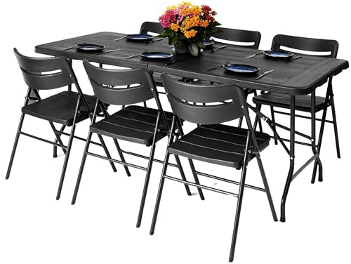NOVECRAFTO 6ft Folding Table & 6 Folding Chair Set - Functional, Easy-to-Fold-and-Store Furniture for Indoor and Outdoor Use with Wood Grain Pattern, Heavy-Duty Black Plastic Surfaces & Steel Frames
