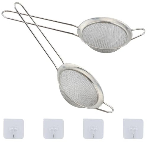 2 colini piccoli in acciaio inox a maglia fine con ganci da cucina, diametro 8 cm, mini colino a maglia fine, colino da cucina con manico, ideale per succhi di frutta, uova, tè, caffè, farina