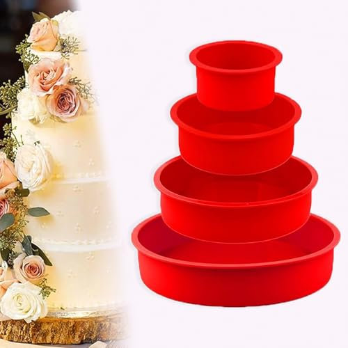 Stampo in Silicone per Torte, 4 Pezzi Teglia Antiaderente, Set di Stampi per Torte in Silicone Rotondo, 10 cm 15cm 20cm 25cm, per Torta Nuziale, Adatto perForno e Frigorifero (Rosso)