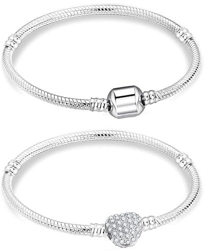 GUSXPPD 2 Stück Herz Snake Charm-Armband, Silber Armband für Charms, 17/18/19CM Silber Schlangen Armband, Schlangen Gliederarmband, Armbänder mit Herz Verschluss (19)