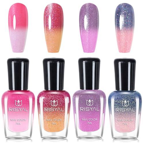 Colour Changing Nail Polish Sets - 4PCS Shimmer Glitter Nail Varnish Sets for Women - Thermal Temperature Nail Polish Quick Dry - No Bake Rose Pink Purple Blue Sparkly Nail Polish