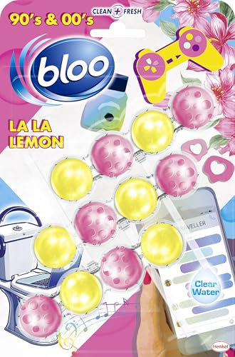 Bloo Toilet Rim Block La La Lemon (50g) 90's&00's, Clear Water Toilet Rim Block with Fresh Lemon & Magnolia Scent, with Anti-Limescale Formula, Pack of 3 Rimblocks