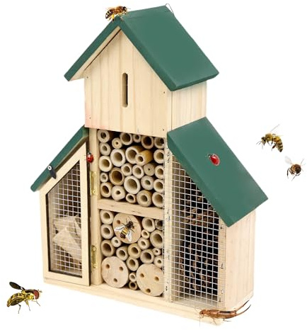 Seezengreen Casetta per insetti a 3 strati in legno con tetto verde più stanze e capacità, hotel per insetti, un habitat da appendere all'aperto per api, farfalle, coccinelle, api, habitat per