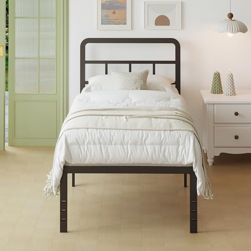 Lutown-Teen Cama 90x200 cm con cabecero Curvo, Marco de Cama de Metal Resistente con Soporte de Lamas de Acero, Altura 46 cm, Fácil Montaje, Libre de Ruidos, Negro