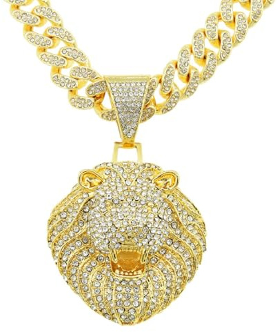 Ciondolo a forma di leone ruggente per uomini, Hip Hop, testa di leone, collana cubana, oro elegante, scintillante, brillante, per uomo