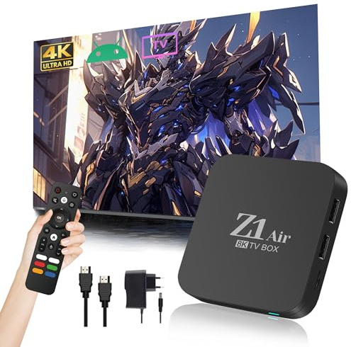 Z1 Air Boîtier TV Android 10.0 2025, Chaînes Internet Smart Box 4K Ultra HD pour TV avec WiFi 2,4 GHz + 5 GHz, Quad-Core H313, USB 2.0, Télécommande Vocale Bluetooth, Compact et Puissant