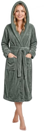 NY Threads Luxury Ladies Hooded Dressing Gown Super Soft Fleece Women's Robe Comfortable Loungewear and Nightwear, Steel Grey, Medium