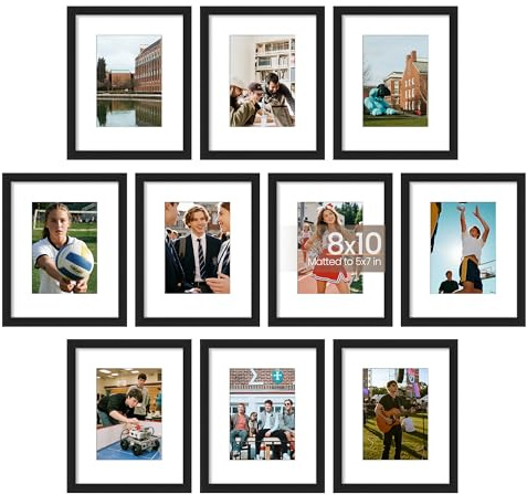 upsimples 8x10 Picture Frame Set of 10, Display Pictures 5x7 with Mat or 8x10 Without, Multi Photo Frames Collage for Wall or Tabletop Display, Black