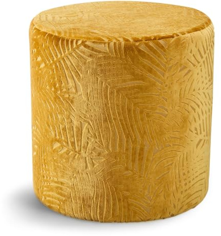 Beautify Velvet Mustard Footstool – Yellow Pouffe for Living Room – Upholstered Round Foot Stool with Floral Leaf Pattern – Padded Lightweight Ottoman for Bedroom, Dressing Room Stool, Bloom