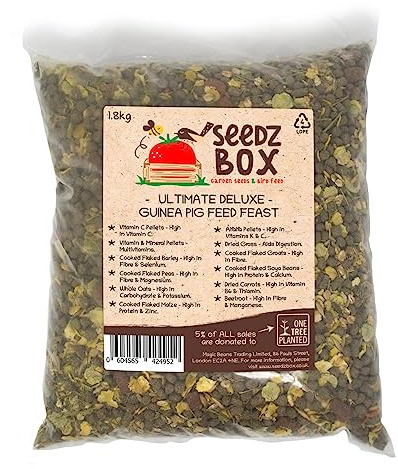 Guinea Pig Food 1.8kg - Crunchy Feed Grain and Veg Mix - Natural Feed for Guinea Pigs - SeedzBox - Multivitamins Carrots Barley and Alfalfa - High in Vitamin C Protein and Calcium