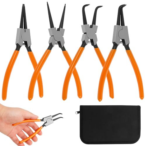 4 alicates para anillos de retención, 16/18 cm, para interior y exterior, con muelle y bolsa, juego de alicates para anillos de seguridad interiores y exteriores, curvados, rectos