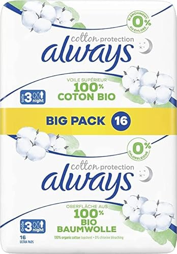 Always Ultra Cotton Protection Night (storlek 3) binda med vingar och yta av 100% ekologisk bomull 16 X