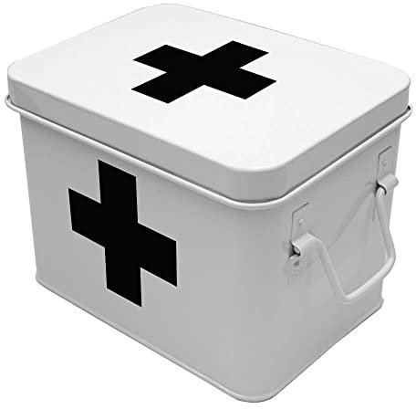 Lassos Boutique Retro Enameled First Aid Box for Medicine Storage and Home Decor with Lid and Removable Tray (White/Black)