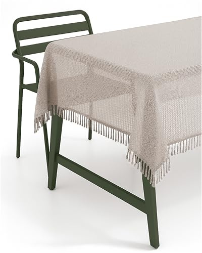 texpot Gartentischdecke 140 cm rund Beige mit Fransen wetterfest geschäumt rutschfest