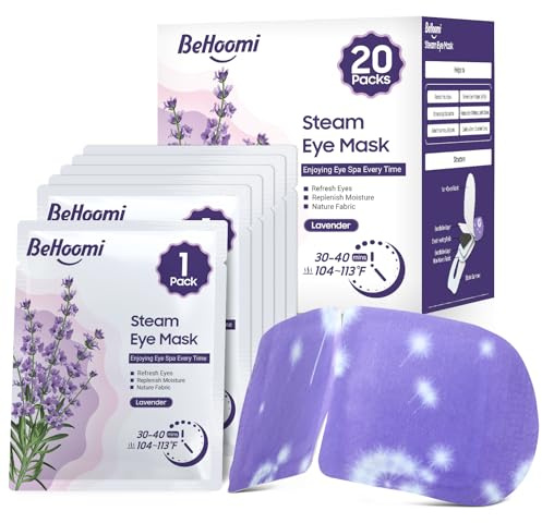 BeHoomi 20Packs Steam Eye Mask, Heated Eye Mask Warm Compress for Eyes, Disposable Self Heating Steam Mask for Sleep, Spa, Travel Essentials, Relaxation Gifts for Women, Mothers Day Gifts (Lavender)