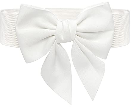 Tenorbass Cintura da donna con nodo a fiocco, cintura elastica vintage con fiocco per abiti, cintura in vita carina per le ragazze per la festa di Natale, accessorio per vestiti (cintura bianca)