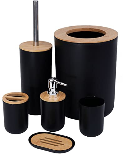 JETAINE 6 Pieces Bathroom Accessories set, Modern Black Bathroom Accessory | Luxury Bathroom Bin and Toilet Brush Set, Bamboo Toothbrush Holder Tumbler Soap Dish Trash Can Soap Dispenser Bath Set Gift