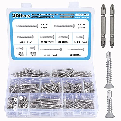 Gueenky 300 Pièces Vis Autoforeuse à Tete Fraisee, M4,2 M4,8 mm Vis Autotaraudeuse Inox Vis Autoperceuse Metal Tete Fraisee, 10 Tailles 13-50 mm Vis Autopercante Autoperforante Autoforante