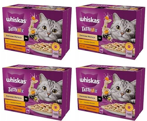 WHISKAS Adult 1+ Tasty Mix Cremige Variationen Katzennassfutter im Beutel mit Huhn, Lamm und Pute in Sauce 4 x 12 x 85 g Beutel im Karton