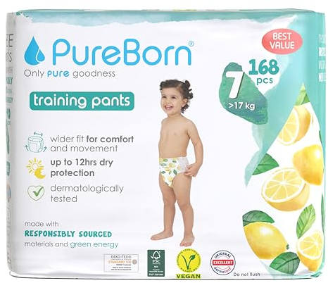 PureBorn 168 Windelhöschen Größe 7 (17+ kg), Ultra-Saugfähig, Hypoallergen, Weich & Sanft für Babys, Dermatologisch Getestet, Auslaufsicher, Umweltfreundlich aus Bambus