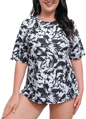 Halcurt Chemise UV Femme Grande Taille Rash Guard Manches Courtes avec Soutien-gorge UPF 50+ Protection Solaire Chemise de Bain Chemise de Natation Séchage Rapide Maillot de Bain 1X-4X, XXL grande