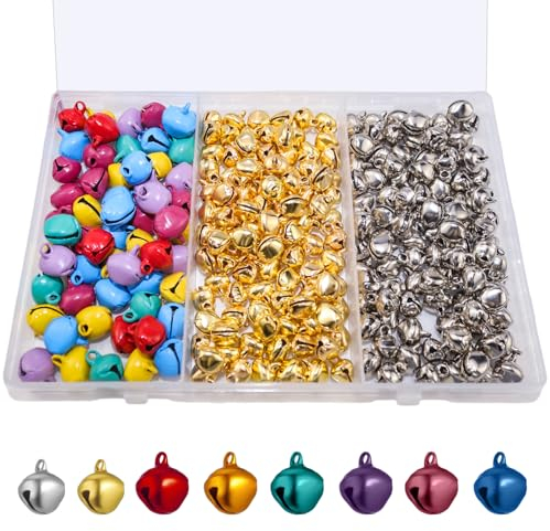 Rierousy 300 Stück Glöckchen, Glöckchen zum Basteln, Glöckchen Klein Metallglöckchen mit Öse, Bunt Rostschutz Glöckchen for Christmas Decoration, 10mm, 14mm