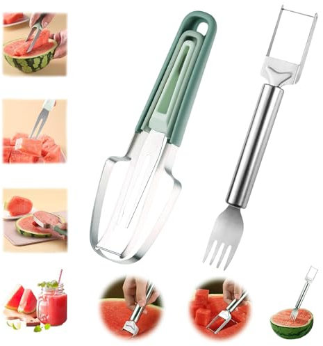 2 Stücke Wassermelonen Schneider, Melonenschneider aus Edelstahl, Obstschneider Wassermelonenschneidera, 2025 Neu Wassermelonengabel Schneidewerkzeug, Melonenmesser für Melonen, Cantaloupe