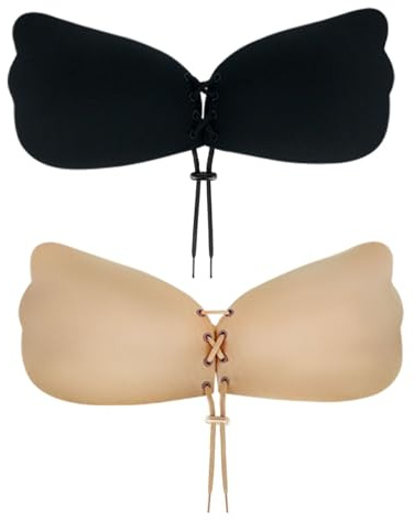 AYNKH Soutien - Gorge adhésif Invisible 2pcs Soutien - Gorge sans Dos Bretelles Push - up avec Cordon de Serrage pour Les Femmes (FR/ES, Taille de Bonnet & Taille du Soutien-Gorge, A, Noir & Beige)