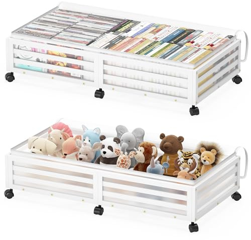 Under Bed Storage with Wheels-Large Bamboo Underbed storage Containers with Large Dust Bag Stackable Under the Bed Shoe Storage Bins for Clothes Books Bedding (2 Packs White, 33.07L×16.54W× 6.5H)