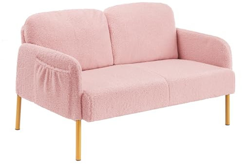Mondeer Canapé 2 Places, Canapé en Tissu Bouclette avec 2 Pochettes et Pieds Métal Style Scandinave, pour Salon Chambre, 122 x 76 x 75 cm, Rose