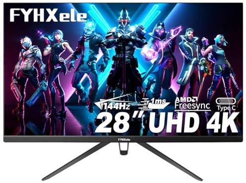 FYHXele 28 4K UHD Gaming Monitor 144Hz 1ms IPS Monitor with HDR400, 100% sRGB, AMD FreeSync/G-Sync, PC Monitor for Gaming, Office, Type-C/HDMI/USB, Built-in Speaker, Mount