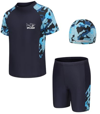 Cheerful Mario Boys Swimming Costume Kids Swimwear Set Short Sleeve Swimsuit Rash Gard Shirts Quick Dry Navy 7-8 Years