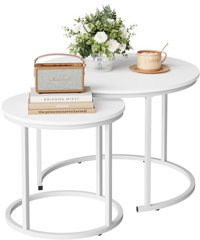 Beistelltisch Set Rund, Couchtisch 2er Set, Sofatische, Couchtisch aus Holz mit Metallrahmen, Living Room Table, Kaffeetisch, Wohnzimmertisch, Tischkombination fürs Wohnzimmer, Balkon, Weiß