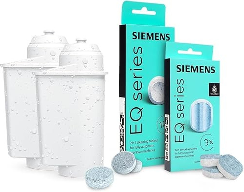 Kit d'entretien pour machines à café Siemens EQ series, pastilles de nettoyage (10 pièces), détartrage 2en1 (3 pièces) et 2 filtres AquaIntense, compatible avec Siemens Bosch TZ70003 TZ80001 TZ80002