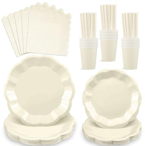 125 platos y servilletas de papel crema, suministros de fiesta de color marfil, incluye servilletas, vasos, pajitas de papel para baby shower, boda, cumpleaños