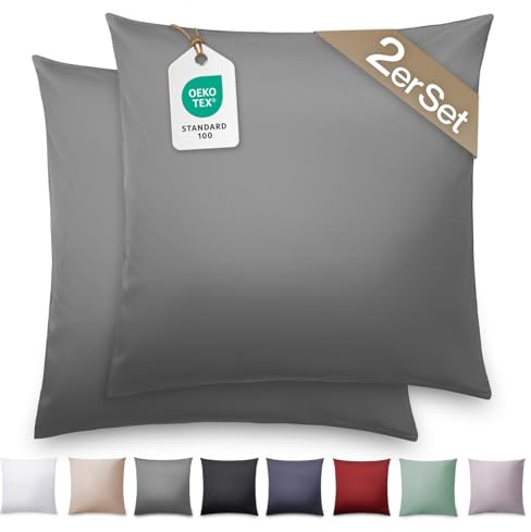 Blumtal Mako Satin Kissenbezug 50x50 Baumwolle Anthrazit - 2er Set Kissenbezüge aus 100% Baumwolle - edle Glanzoptik & Reißverschluss - Satin Kissenbezug für Kissen 50x50 Dekokissen & Sofakissen